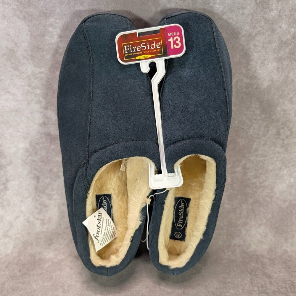 Footstar FireSide Mens Size 13 Slippers Navy Blue Suede Leather Faux Fur Lined